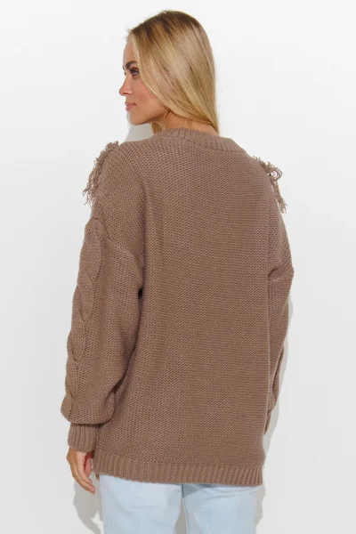 Světle hnědý dámský zdobený svetr s nabíranými rukávy Makadamia