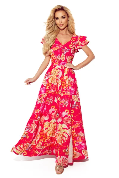 LIDIA - Růžové květované dlouhé šaty s výstřihem a volánky X40 Numoco