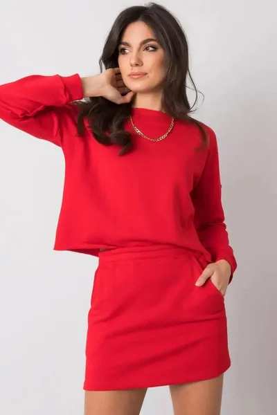 Červený dámský bavlněný komplet sukně a crop mikina FPrice