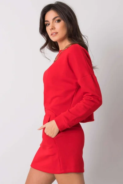 Červený dámský bavlněný komplet sukně a crop mikina FPrice