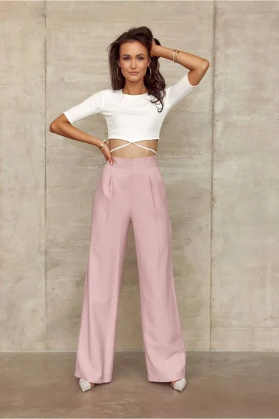 Pudrově růžové dámské široké kalhoty Roco Fashion