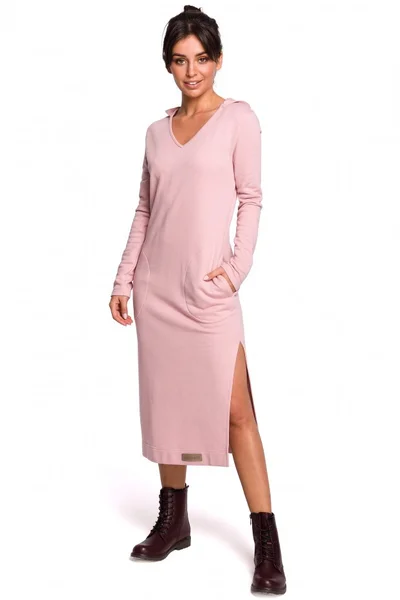 Světle růžové bavlněné maxi šaty s kapucí BE