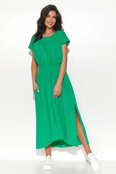 Dlouhé vzdušné dámské zelené šaty s rozparkem Numinou
