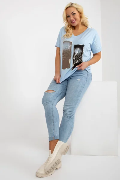 Baby blue dámské V-neck tričko s potiskem FPrice