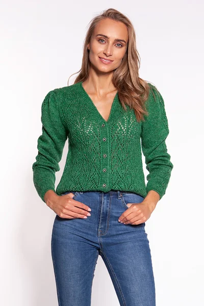 Zelený dámský propínací svetr s rozšířenými rukávy MKM design
