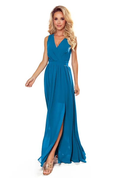 Dlouhé modré dámské šaty s rozparkem Numoco