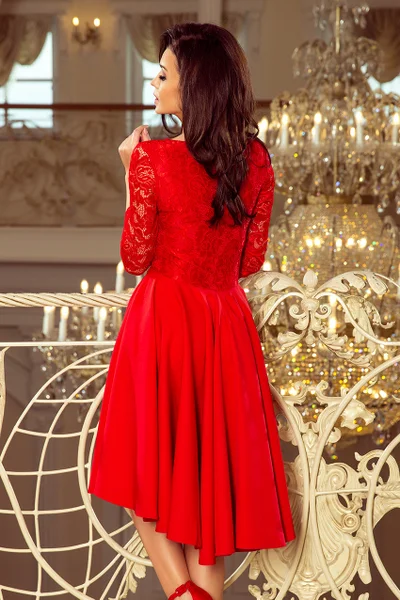 Červené šaty s delším zadním dílem a krajkovým výstřihem Numoco 7162273