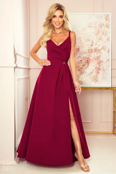 CHIARA - Elegantní dámské maxi dámské šaty ve vínové bordó barvě na ramínkách XM378 Numoco