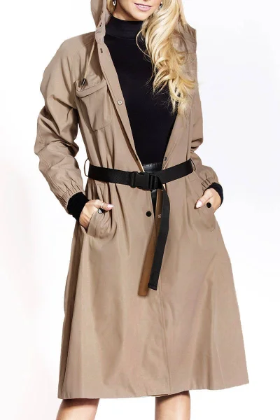 Dámský dlouhý béžový kabát s páskem C578 Ann Gissy (v barvě Béžová)