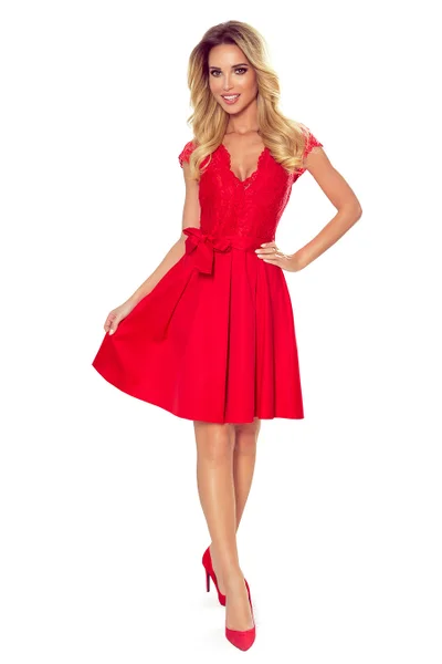 Červené dámské šaty s dekoltem a krajkou Numoco 242-4