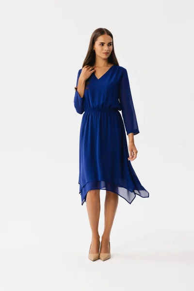 Tmavě modré dámské midi šaty s asymetrickou sukní STYLOVE