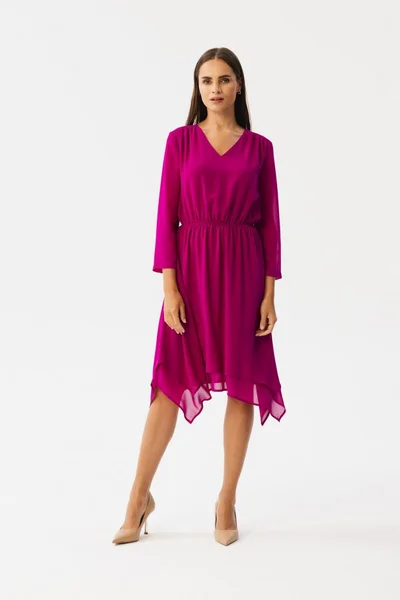 Tmavě růžové dámské midi šaty s asymetrickou sukní STYLOVE