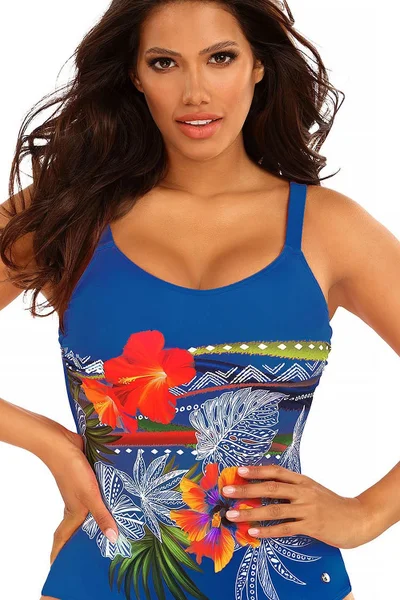 Modré jednodílné plavky s exotickým potiskem květin Self plus size
