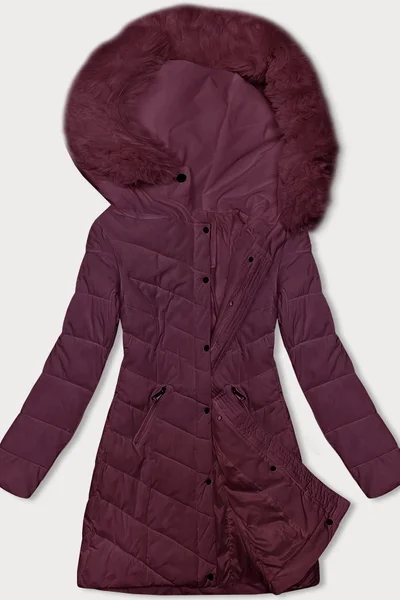 Vínový dámský prošívaný kabátek s kapucí s kožíškem LHD