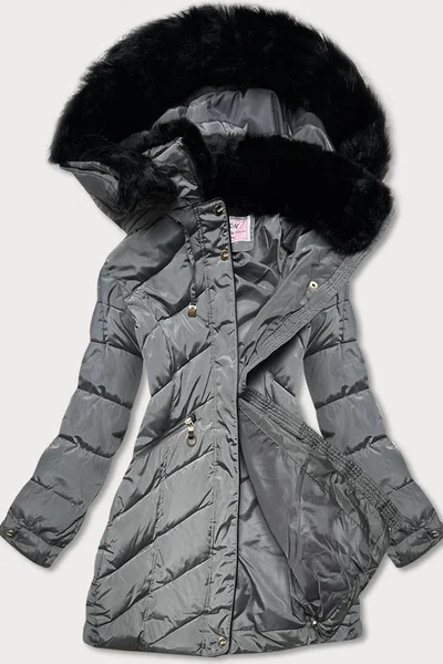Šedý dámský prošívaný kabátek s kapucí s kožíškem MHM