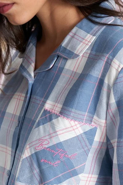 Modré kostkované dámské pyžamo s propínací košilí Muydemi