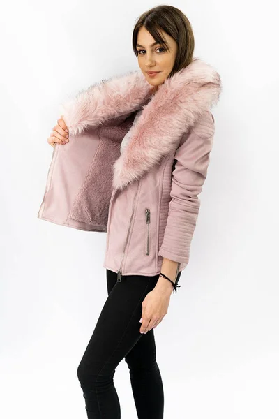 Módní kratší dámská semišová bunda s kožíškem Libland růžová