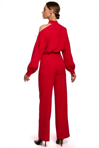 Nevšední dámský overal s nabíranými rukávy v červené barvě Moe