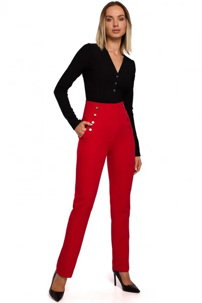 Dámské červené kalhoty s vysokým pasem a ozdobnými cvočky - Moe