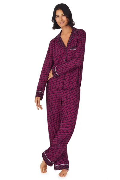 Vínové vzorované dámské dlouhé pyžamo s propínací košilí DKNY