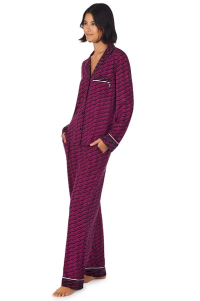 Vínové vzorované dámské dlouhé pyžamo s propínací košilí DKNY