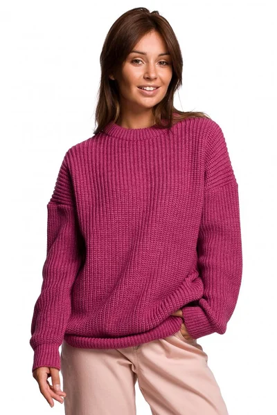 Fuchsiový žebrovaný svetr s volnými rukávy BE
