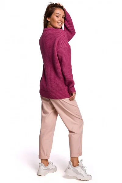 Fuchsiový žebrovaný svetr s volnými rukávy BE
