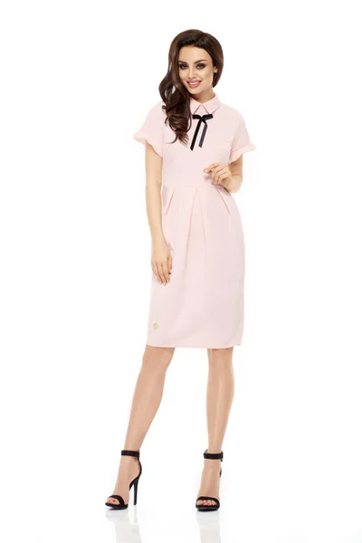 Dámské společenské dámské šaty s límečkem, stužkou a krátkým rukávem dlouhé - Růžová M - L