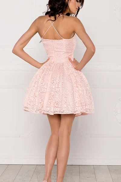 Společenské šaty na ramínka krajkové s kolovou sukní růžové - Růžová L - Sherri