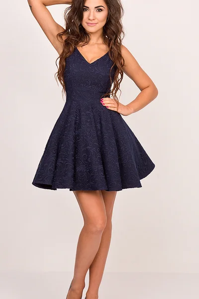 Společenské šaty na ramínka s kolovou sukní tmavě modré - Tmavě modrá XS - Sherri