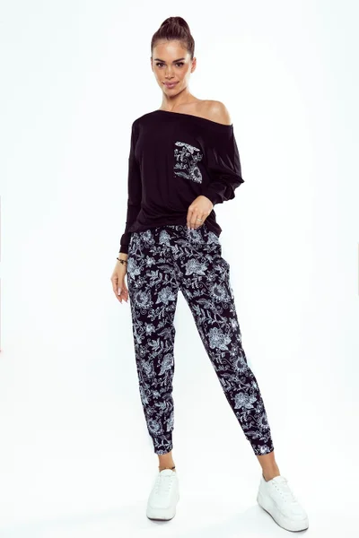 Černé dámské pyžamo se vzorovanými kalhotami Eldar