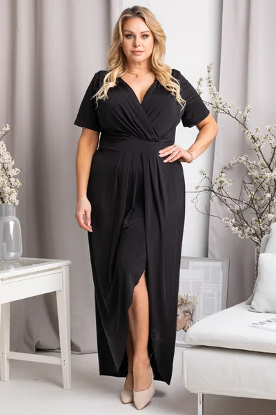 Plus size dámské elegantní dlouhé černé šaty Karko