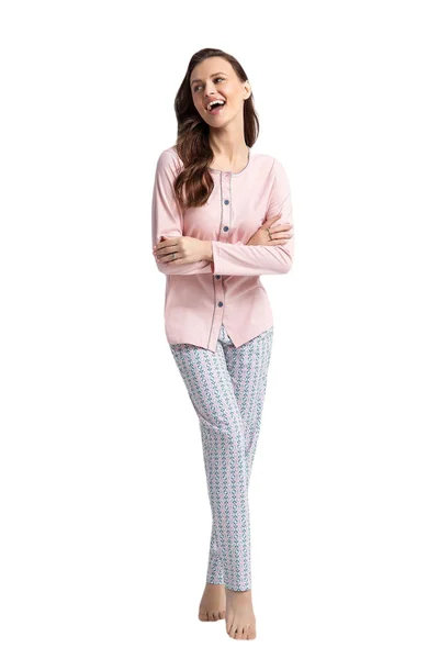 Šedo-růžové dámské dlouhé pyžamo s propínací košilí Luna
