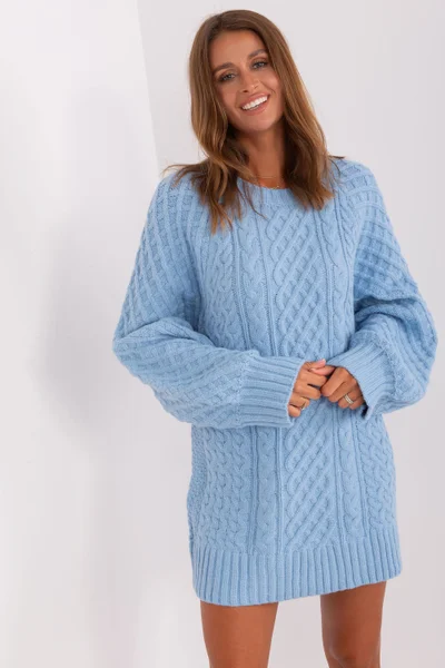 Delší oversize dámský modrý žebrovaný svetr AT