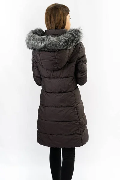 Tmavě hnědý dámský prošívaný kabát s kapucí Libland