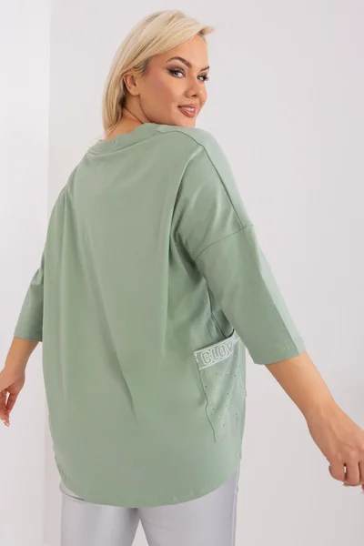 Světle zelené dámské volné tričko FPrice plus size s kapsami