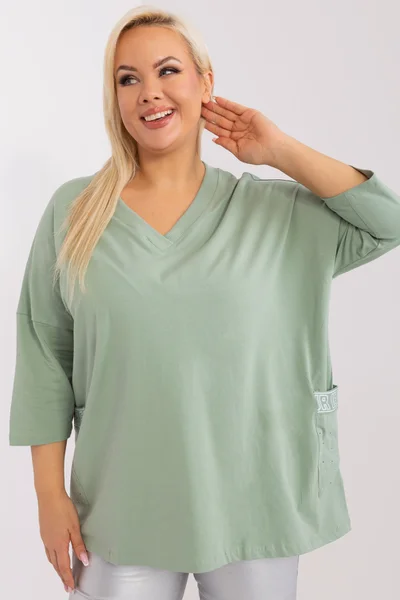 Světle zelené dámské volné tričko FPrice plus size s kapsami