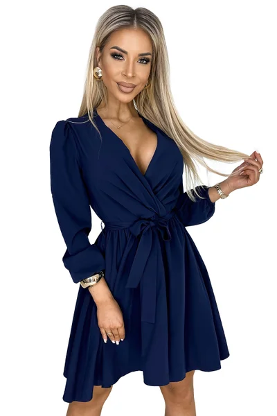 Elegantní tmavě modré dámské šaty V-neck s dlouhým rukávem Numoco