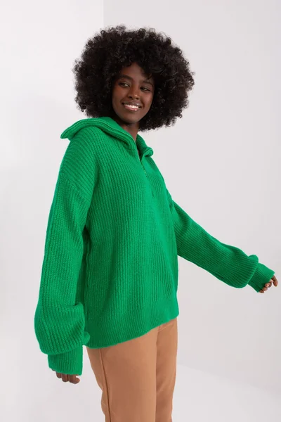 Zelený dámský svetr s límce FPrice