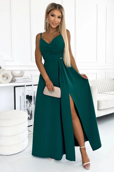 Tmavě zelené dlouhé dámské šaty s rozparkem Numoco
