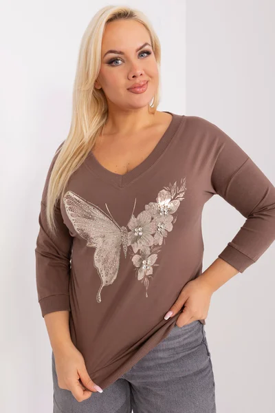Hnědé dámské V-neck tričko s motýlem FPrice