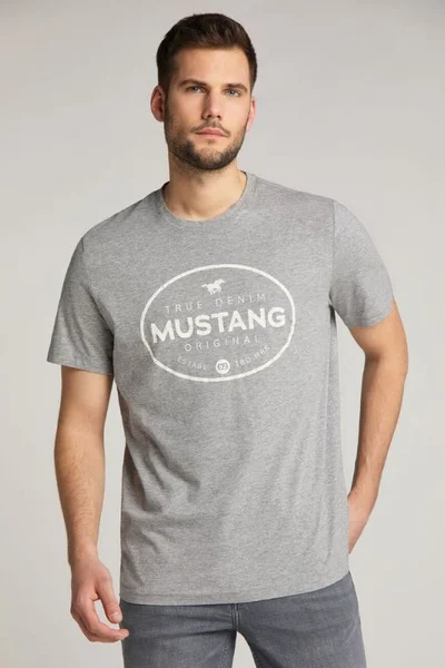 Světle šedé bavlněné pánské tričko s potiskem Mustang