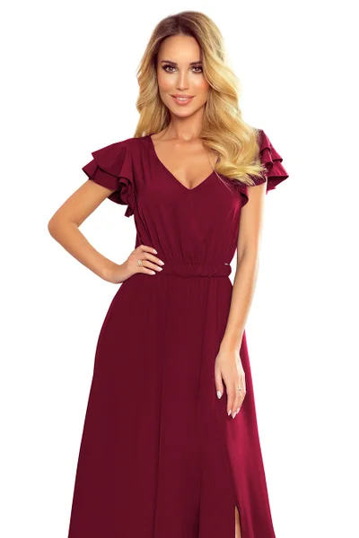 LIDIA - Dlouhé šaty ve vínové bordó barvě s výstřihem a volánky XL411 Numoco