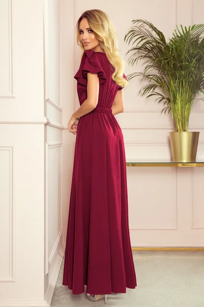 LIDIA - Dlouhé šaty ve vínové bordó barvě s výstřihem a volánky XL411 Numoco