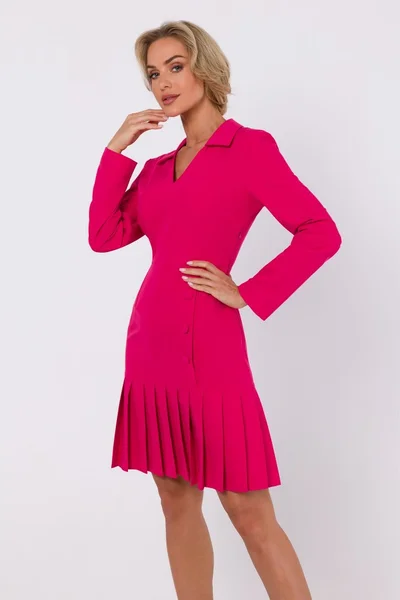 Tmavě růžové dámské šaty s límečkem a překládanou sukní Moe