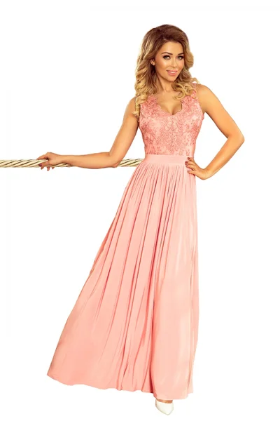 Pudrově růžové dlouhé večerní šaty Numoco 215-4