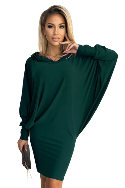 Dámské netopýří dámské šaty v lahvově zelené barvě s kapucí LQ248 Numoco