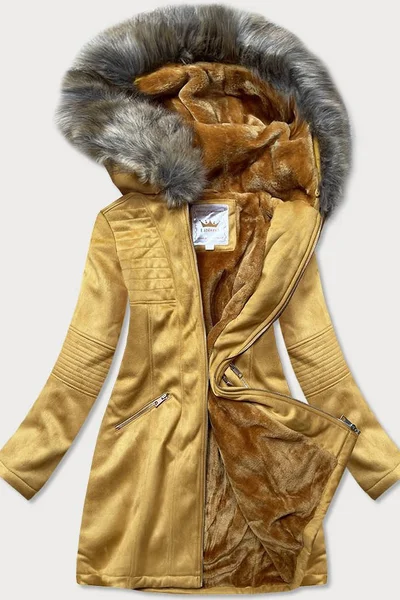 Dámský zimní kabát s kožíškem horčičná žlutá Libland