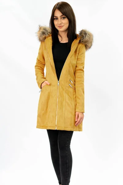 Dámský zimní kabát s kožíškem horčičná žlutá Libland