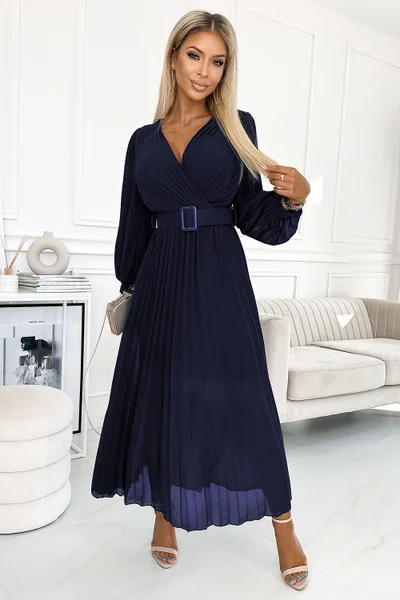 Temně modré dámské elegantní večerní šaty s plisovanou sukní Numoco